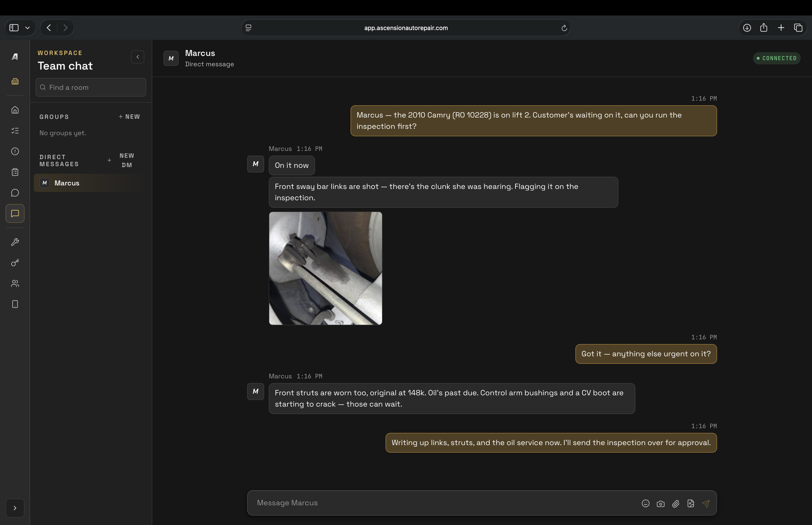 Team chat — a thread next to the work