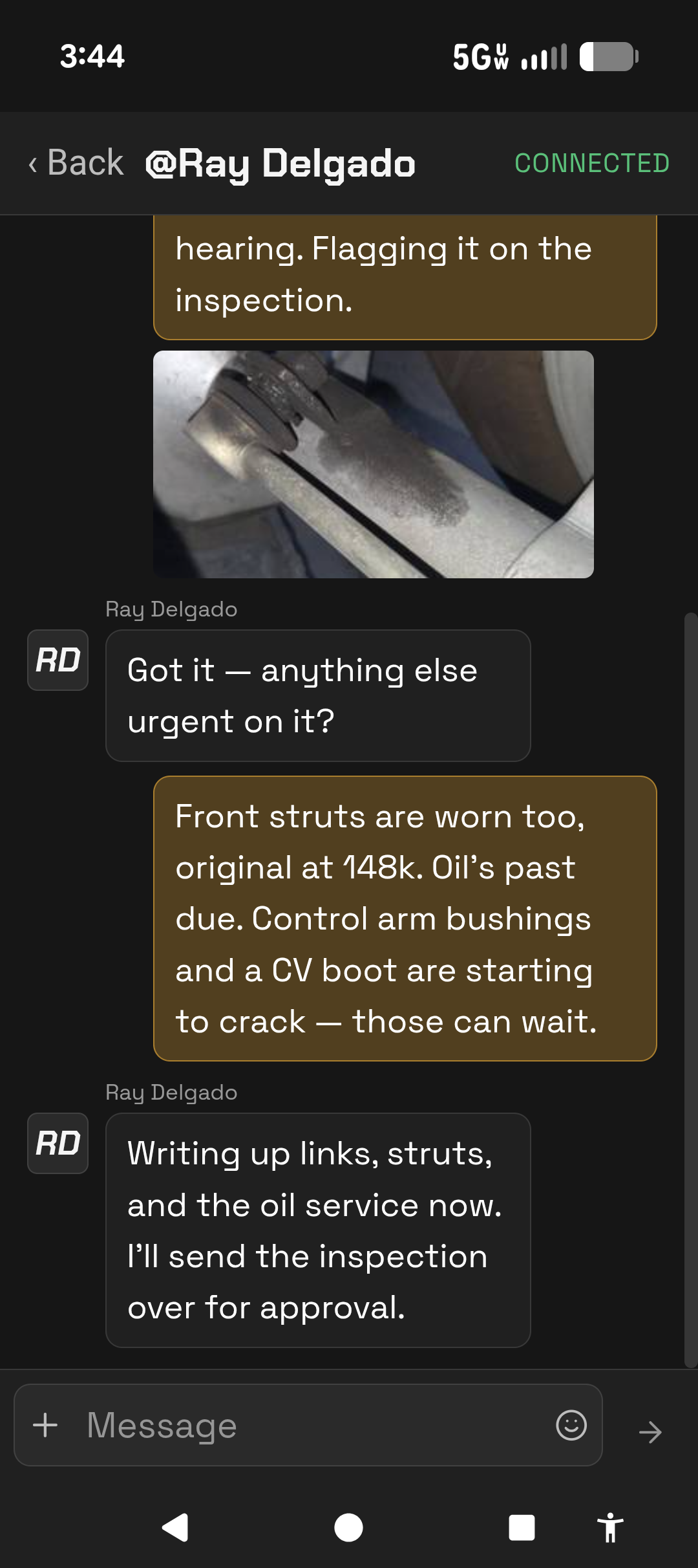 m-chat — a team chat thread on the shop floor